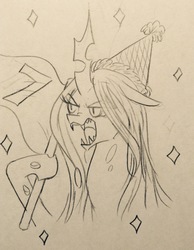 Size: 1493x1927 | Tagged: source needed, safe, queen chrysalis, changeling, changeling queen, g4, fangs, female, flag, floppy ears, glare, happy birthday mlp:fim, hat, hoof hold, mlp fim's seventh anniversary, nose wrinkle, open mouth, party hat, sharp teeth, sparkles, teeth, traditional art, unamused