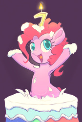 Size: 908x1352 | Tagged: safe, artist:grissaecrim, pinkie pie, pony, armpits, birthday candles, cake, female, food, happy birthday mlp:fim, mare, mlp fim's seventh anniversary, popping out of a cake, solo