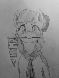 Size: 2448x3264 | Tagged: safe, artist:etech, derpibooru exclusive, coco pommel, g4, blushing, cute, female, happy birthday mlp:fim, high res, looking at you, mlp fim's seventh anniversary, mouth hold, pennant, solo, traditional art