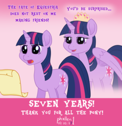 Size: 1500x1550 | Tagged: safe, artist:phallen1, derpibooru exclusive, twilight sparkle, alicorn, pony, unicorn, friendship is magic, g4, my little pony: the movie, crown, equestria (font), happy birthday mlp:fim, jewelry, mlp fim's seventh anniversary, regalia, self ponidox, then and now, twilight sparkle (alicorn), unicorn twilight