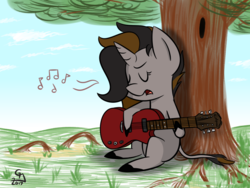 Size: 800x600 | Tagged: safe, artist:glimglam, oc, oc only, oc:emerald whiplash, pony, unicorn, eyes closed, guitar, music notes, outdoors, singing, sitting, solo, tree, under the tree