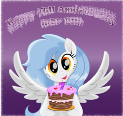 Size: 3175x3008 | Tagged: safe, artist:rainbownspeedash, oc, oc only, oc:vector cloud, pegasus, pony, birthday candles, cake, female, food, happy birthday mlp:fim, high res, mlp fim's seventh anniversary, simple background, spread wings, vector, wings