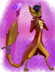 Size: 619x810 | Tagged: safe, artist:galacticdeer, capper dapperpaws, abyssinian, cat, anthro, digitigrade anthro, g4, my little pony: the movie, abstract background, chest fluff, clothes, coat, male, purple background, simple background, solo