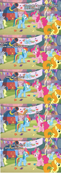 Size: 1364x3816 | Tagged: safe, berry punch, berryshine, carrot top, derpy hooves, golden harvest, linky, pinkie pie, rainbow dash, shoeshine, g4, secrets and pies, food, happy birthday mlp:fim, hat, mlp fim's seventh anniversary, party hat, pie
