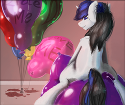 Size: 1000x840 | Tagged: safe, artist:desertskyfamily, oc, oc only, oc:deadpon3, pony, unicorn, back, balloon, balloon fetish, balloon popping, balloon riding, fetish, party balloon, riding, solo, that pony sure does love balloons