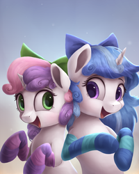 Size: 800x1000 | Tagged: safe, artist:vanillaghosties, sweetie belle, oc, oc:melodia, pony, unicorn, g4, bow, clothes, cute, diasweetes, female, filly, hair bow, ocbetes, smiling, socks, stockings, striped socks, thigh highs
