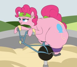 Size: 1280x1109 | Tagged: safe, artist:astr0zone, pinkie pie, g4, my little pony: the movie, bottom heavy, chubby, exercise, exercise bike, fat, female, headband, huge butt, impossibly large butt, large butt, pudgy pie, solo, wristband