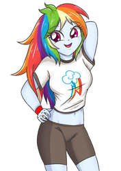 Size: 2480x3507 | Tagged: safe, artist:sumin6301, rainbow dash, equestria girls, adorasexy, arm behind head, belly button, clothes, compression shorts, cute, dashabetes, female, hand on hip, midriff, multicolored hair, sexy, shirt, shorts, simple background, smiling, solo, white background