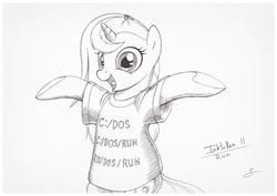 Size: 1073x759 | Tagged: safe, artist:sherwoodwhisper, oc, oc only, oc:eri, pony, unicorn, black and white, clothes, dos, female, grayscale, male, monochrome, shirt, sketch, solo, the simpsons