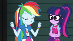 Size: 1280x718 | Tagged: safe, screencap, rainbow dash, sci-twi, twilight sparkle, equestria girls, equestria girls specials, g4, movie magic, clothes, crossed arms, eyes closed, female, geode of super speed, geode of telekinesis, glasses, magical geodes, necktie, open mouth, ponytail, skirt, wristband