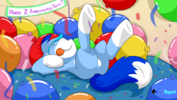 Size: 3840x2160 | Tagged: safe, artist:rupert, oc, oc only, oc:rupert the blue fox, earth pony, fox, fox pony, hybrid, original species, pony, balloon, banner, confetti, featureless crotch, furry, furry oc, happy birthday mlp:fim, high res, male, mlp fim's seventh anniversary, non-mlp oc, party, ponified, ponified oc, smiling, solo, stallion, streamers, that pony sure does love balloons, tongue out, two toned coat