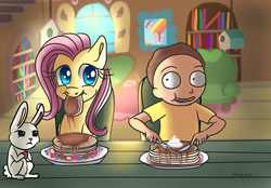 Size: 2880x2006 | Tagged: safe, artist:lamentedmusings, angel bunny, fluttershy, pony, g4, crossover, eating, food, high res, morty smith, pancakes, rick and morty, unamused