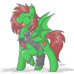 Size: 1000x1000 | Tagged: safe, artist:flutterthrash, oc, oc only, oc:watermelon frenzy, bat pony, pony, bat wings, clothes, commission, eyes closed, fangs, food, jacket, leather, leather jacket, metalhead, open mouth, simple background, singing, slayer, solo, thrash metal, watermelon