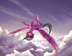 Size: 3200x2496 | Tagged: safe, artist:lightly-san, oc, oc only, pegasus, pony, cloud, commission, female, flying, high res, mare, sky, smiling, solo, stars, upside down