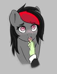 Size: 367x475 | Tagged: safe, artist:owlnon, oc, oc only, oc:miss eri, earth pony, pony, black and red mane, blushing, cuffs (clothes), disembodied hand, female, finger in mouth, hand, mare, mlem, tongue out, two toned mane
