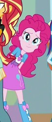 Size: 342x797 | Tagged: safe, screencap, pinkie pie, sunset shimmer, equestria girls, equestria girls specials, g4, my little pony equestria girls: mirror magic, clothes, cropped, female, geode of sugar bombs, magical geodes, offscreen character, skirt, smiling, solo
