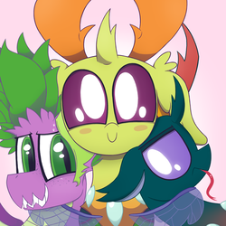 Size: 2050x2050 | Tagged: safe, artist:dragonpone, derpibooru exclusive, pharynx, spike, thorax, changedling, changeling, dragon, blush sticker, blushing, c:, changedling brothers, cute, freckles, gay, grin, high res, hug, king thorax, lidded eyes, looking at you, male, nervous, nervous smile, older, older spike, pharybetes, prince pharynx, ship:thoraxspike, shipping, side hug, smiling, spikabetes, sweat, teenage spike, teenaged dragon, teenager, thorabetes, tongue out, unamused, winged spike, winghug, wings