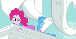 Size: 457x238 | Tagged: safe, screencap, pinkie pie, equestria girls, g4, my little pony equestria girls: rainbow rocks, cropped, female, smiling, wondercolt statue