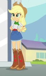 Size: 209x343 | Tagged: safe, screencap, applejack, equestria girls, g4, my little pony equestria girls: rainbow rocks, boots, clothes, cowboy boots, cowboy hat, cropped, denim skirt, female, hat, shoes, skirt, stetson