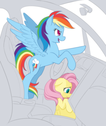 Size: 843x1000 | Tagged: safe, artist:dstears, fluttershy, rainbow dash, pony, g4, car, driving, duo, duo female, female, spread wings, this will end in tears and/or death, wings