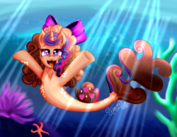 Size: 4500x3500 | Tagged: safe, artist:shamy-crist, oc, oc only, oc:sweet hearts, seapony (g4), unicorn, bow, female, hair bow, high res, seaponified, solo, species swap, underwater