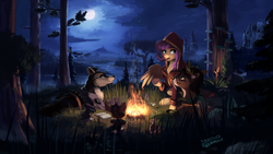 Size: 1920x1080 | Tagged: safe, artist:discordthege, fluttershy, deer, pony, g4, archer, bonfire, clothes, commission, fire, forest, full moon, medieval, moon, night, open mouth, river, scenery, signature, sitting, tree