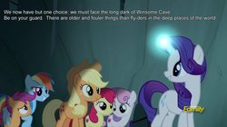 Size: 1000x560 | Tagged: safe, edit, edited screencap, screencap, apple bloom, applejack, rainbow dash, rarity, scootaloo, sweetie belle, campfire tales, g4, cutie mark crusaders, discovery family logo, glowing horn, horn, light spell, lord of the rings, magic, parody, text