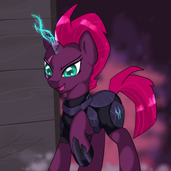 Size: 2000x2000 | Tagged: safe, artist:akakatsup, tempest shadow, pony, unicorn, g4, my little pony: the movie, armor, broken horn, eye scar, female, glowing horn, high res, horn, mare, raised hoof, scar, scene interpretation, smiling, solo, sparking horn