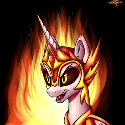 Size: 3000x3000 | Tagged: safe, artist:setharu, daybreaker, alicorn, pony, g4, armor, bust, ear fluff, fangs, female, fire, folded wings, high res, mane of fire, mare, portrait, signature, smiling, solo
