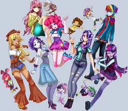 Size: 1655x1435 | Tagged: safe, artist:halleyk7, apple bloom, applejack, cheese sandwich, discord, fluttershy, pinkie pie, rainbow dash, rarity, spike, starlight glimmer, sweetie belle, twilight sparkle, equestria girls, g4, clothes, converse, ripped pants, shoes, torn clothes