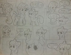 Size: 1280x994 | Tagged: safe, artist:ljdamz1119, apple bloom, starlight glimmer, earth pony, pony, unicorn, g4, comic, dialogue, earbuds, everything went better than expected, female, filly, monochrome, saddle bag, traditional art