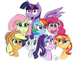 Size: 2691x2258 | Tagged: safe, artist:scarlett-letter, applejack, fluttershy, pinkie pie, rainbow dash, rarity, starlight glimmer, sunset shimmer, twilight sparkle, alicorn, earth pony, pegasus, pony, unicorn, g4, alternate mane seven, blue tongue, bust, cowboy hat, eye clipping through hair, female, grin, hat, high res, looking at you, mane six, open mouth, portrait, signature, simple background, smiling, stetson, twilight sparkle (alicorn), white background