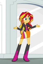 Size: 285x425 | Tagged: safe, screencap, sunset shimmer, equestria girls, g4, my little pony equestria girls: rainbow rocks, boots, clothes, cropped, jacket, leather jacket, shoes, skirt, smiling