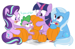 Size: 1000x650 | Tagged: safe, artist:dm29, spike, starlight glimmer, trixie, twilight sparkle, dragon, pony, unicorn, g4, annoyed, dialogue, eating, halloween, herbivore, holiday, horses doing horse things, newspaper, open mouth, pumpkin, pumpkin carving, simple background, sitting, tongue out, transparent background, unamused