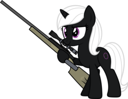 Size: 2101x1634 | Tagged: safe, artist:zacatron94, oc, oc only, oc:sharp shooter, pony, unicorn, cutie mark, female, gun, hooves, horn, mare, optical sight, rifle, simple background, sniper rifle, solo, transparent background, vector, weapon