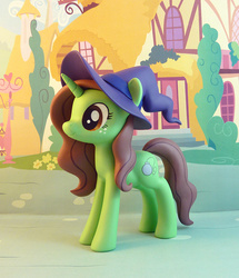 Size: 732x850 | Tagged: safe, artist:krowzivitch, oc, oc only, oc:boombat, pony, unicorn, craft, female, figurine, freckles, green pony, hat, mare, photo, sculpture, solo, traditional art, witch hat