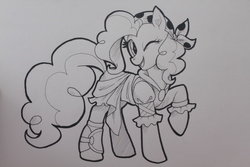 Size: 3456x2304 | Tagged: safe, artist:prettypumpkinhead, pinkie pie, g4, my little pony: the movie, female, high res, monochrome, one eye closed, pirate pinkie pie, raised hoof, solo, traditional art, wink
