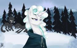 Size: 1280x800 | Tagged: safe, artist:endemy21, rarity, pony, g4, it isn't the mane thing about you, assassin, cloak, clothes, cloud mane, knife, raised eyebrow, snow, solo focus, tree