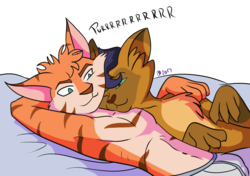 Size: 1505x1059 | Tagged: safe, artist:digimaru, capper dapperpaws, oc, abyssinian, cat, anthro, g4, my little pony: the movie, arm behind head, armpits, bed, canon x oc, chest fluff, clothes, cuddling, furry, gay, male, on bed, partial nudity, purring, sexy, shipping, stupid sexy capper, stupid sexy oc, topless, underwear