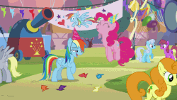 Size: 800x450 | Tagged: safe, screencap, berry punch, berryshine, carrot top, derpy hooves, golden harvest, linky, pinkie pie, rainbow dash, shoeshine, g4, pinkie pride, secrets and pies, animated, cheese supreme cannonball surprise, female, gif, hug, party tank