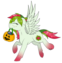 Size: 589x602 | Tagged: safe, artist:katarikat, oc, oc only, oc:watermelana, pony, candy, eyes closed, floppy ears, food, freckles, gradient hooves, halloween, holiday, jack-o-lantern, pumpkin, pumpkin bucket, running, simple background, solo, transparent background, ych result