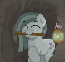 Size: 2100x2000 | Tagged: safe, artist:ljdamz1119, marble pie, earth pony, pony, g4, cave, eyes closed, female, high res, lamp, mare, mouth hold, pickaxe, smiling, solo