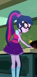 Size: 351x720 | Tagged: safe, screencap, sci-twi, twilight sparkle, eqg summertime shorts, equestria girls, g4, subs rock, clothes, eyes closed, female, glasses, ponytail, skirt, smiling, socks