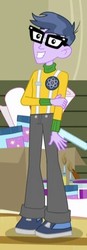 Size: 162x464 | Tagged: safe, screencap, microchips, a banner day, equestria girls, g4, my little pony equestria girls: friendship games, clothes, cropped, glasses, male, pants, shoes, smiling, sneakers