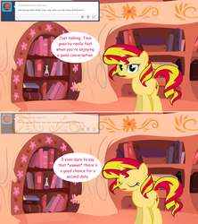 Size: 1280x1444 | Tagged: safe, artist:hakunohamikage, sunset shimmer, pony, unicorn, ask-princesssparkle, g4, ask, comic, eyes closed, female, golden oaks library, mare, solo, tumblr, yawn
