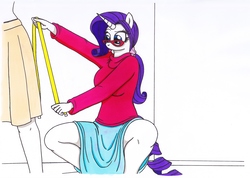 Size: 3477x2474 | Tagged: safe, artist:killerteddybear94, rarity, anthro, g4, clothes, female, glasses, high res, mannequin, measuring tape, rarara, skirt, solo, sweater, tongue out, traditional art