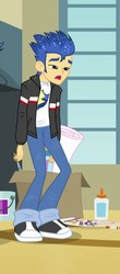 Size: 240x545 | Tagged: safe, screencap, flash sentry, a banner day, equestria girls, friendship games, g4, box, clothes, cropped, glue, jacket, male, object, pants, shoes, sneakers, solo