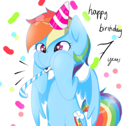 Size: 1200x1200 | Tagged: safe, rainbow dash, g4, female, happy birthday mlp:fim, heart eyes, mlp fim's seventh anniversary, party horn, solo, wingding eyes