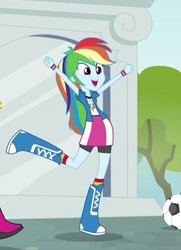 Size: 362x500 | Tagged: safe, screencap, rainbow dash, equestria girls, g4, ball, boots, clothes, compression shorts, cropped, cute, dashabetes, female, happy, shoes, skirt