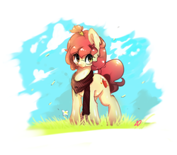Size: 1600x1400 | Tagged: safe, artist:moondreamer16, oc, oc only, earth pony, pony, clothes, cute, female, glasses, grass, mare, ocbetes, scarf, sky, smiling, solo